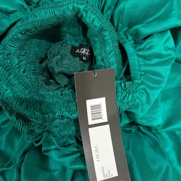 AZEEZA Rey silk puff sleeve mini dress in forest green NWT